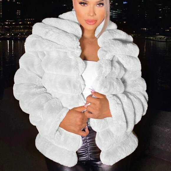 White Preppy Womens Open Front Fuzzy Jacket - Picture 4 of 5